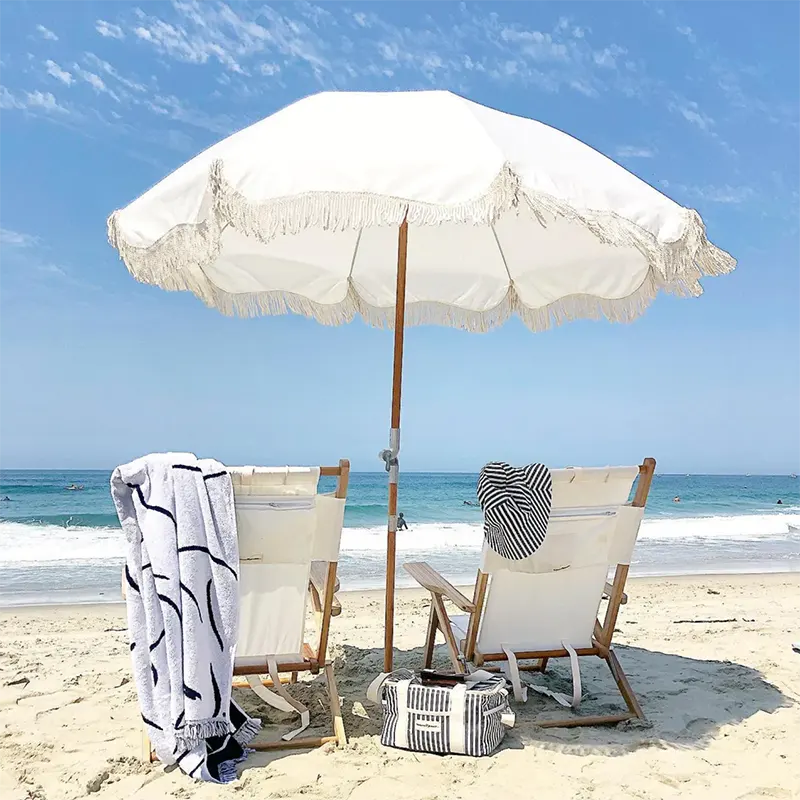 Ombrello da spiaggia con nappe frangia sole macramè bohémien legno frangia macramè Bali Boho Outdoor personalizzato 7FT 7.5FT moderno