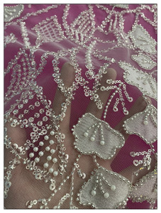 Tela de Encaje de Malla Bordada Floral con Cuentas, 100% Poliéster Ecológico, de Alta Calidad, para Vestidos Vintage Sexys - Product Image 3