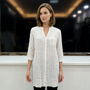 Robe droite blanche brodée tissée, longueur genou, col à revers, manches longues, coupe ample, motif géométrique, style décontracté d'été - Product Image 2