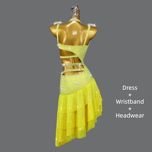 Robe de danse latine pour femme, franges, strass, costume de compétition de danse de salon, jaune, découpes asymétriques, performance scénique - Product Image 6