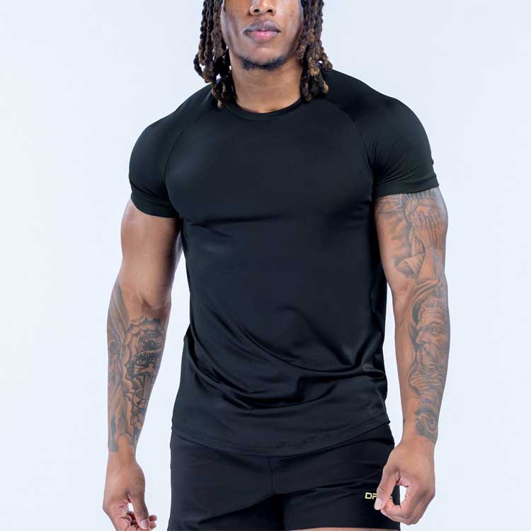 Custom Logo Men Slim Workout Raglan Short Sleeve Crewneck Compression Breathable Polyester Spandex Stretchy Solid Blank Training