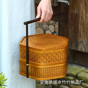 Handmade bamboo woven <b>basket</b>, double-layered lidded food box, Chinese retro style tea set storage box, household round food - Product Image 3
