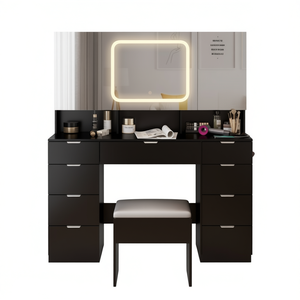 Moderno Set de Maquillaje Negro con Espejo LED, Cajones de Almacenamiento y Taburete para Dormitorio - Product Image 1