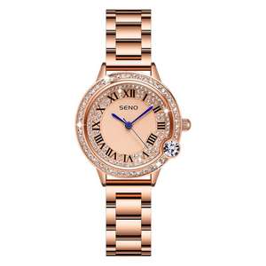 Reloj de Cuarzo para Mujer Seno, Correa de Acero Inoxidable Color Oro Rosa, Esfera Analógica, Resistente al Agua 3Bar, Caja con Cristales de Moda, Cierre Oculto - Product Image 1
