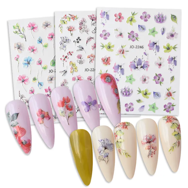 2023 Floral Butterfly Adhesive Green Leaves Spring Summer Flowers Nail Stickers for Acrylic Nails Tips