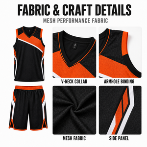 Uniforme de basket-ball pour hommes personnalisé noir et <span class=keywords><strong>orange</strong></span> géométrique, ensemble de maillot et short en maille nid d'abeille pour les tournois de basket-ball professionnels - Product Image 4