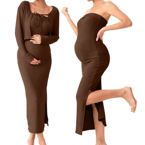 Completo Premaman Due Pezzi: Abito Midi Senza Spalline con Spacco e Cardigan Corto a Maniche Lunghe, Abbigliamento Casual Quotidiano per Donne in Gravidanza - Product Image 6