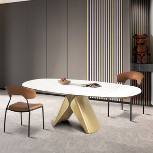 Bàn ăn hình oval có thể kéo dài, mặt bàn đá sintered phong cách Bắc Âu sang trọng nhẹ nhàng, chân bàn sơn vàng. - Product Image 5