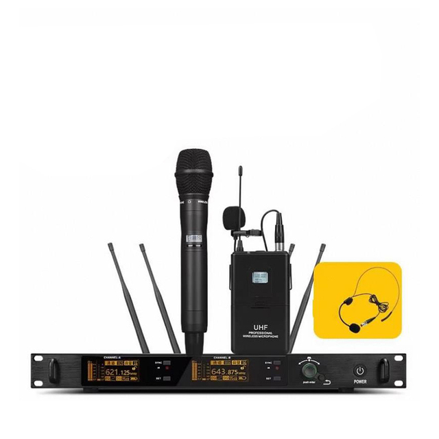 2 Bodypack Mics UHF Wireless Microphone System with Headset Lavalier Lapel Mic