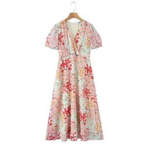 แฮปปี้ พลัสชุดเดรสแขนสั้นคอวีพิมพ์ลายดอกไม้สำหรับผู้หญิงขนาดบวกชุดลำลองสำหรับใส่ทุกวันชุดเดรสมิดิลายสีชมพู - Product Image 5