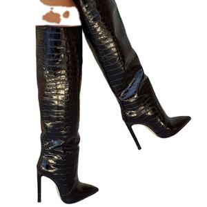 <span class=keywords><strong>Stivali</strong></span> Invernali da Donna 2023, Nuova Moda, Design di Lusso Personalizzato, Punta Affusolata, in Pelle di <span class=keywords><strong>Coccodrillo</strong></span> con Tacco - Product Image 1