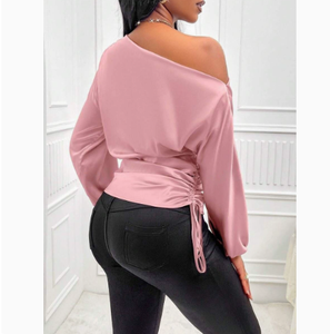 Top Elegante da Donna in Raso con Spalla Singola, Maniche Lunghe Svasate e Pieghe Laterali con Coulisse - Personalizzabile per Feste - Vendita all'Ingrosso - Product Image 6