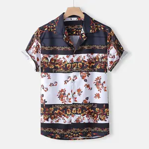 夏季宽松复古男衬衫，印花彩色休闲上衣夏威夷沙滩衬衫