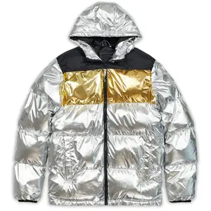 Özel OEM moda yeni tasarım kış naylon kumaş Zip kapşonlu parlak kabarcık ceket gümüş metalik aşağı balon ceket erkekler