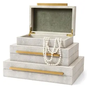 Faux Iory beige kotak perhiasan Set kulit 3 buah kotak dekoratif, kotak perhiasan beludru, kotak perhiasan kemasan mewah Organizer