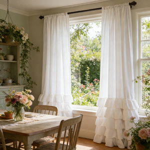 Tenda Bianca Stile Rustico con Balze, Tenda Solida <span class=keywords><strong>per</strong></span> Finestra con Tasca <span class=keywords><strong>per</strong></span> Asta e Orlo a Balze a Strati - Product Image 3