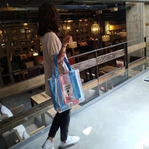 Bolso de mano tejido PP con asa, bolsas de comestibles personalizadas portátiles, bolso de compras impermeable para mujer, viaje, Playa - Product Image 5