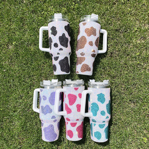 แก้วไรน์สโตนพร้อมหลอดและที่จับรูปวัวช็อกโกแลตลายวัวประดับคริสตัลวิบวับเต็มผนังสองชั้นจำนวนมาก - Product Image 4