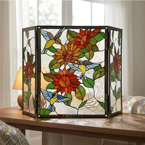 Stained Glass Fireplace <b>Screen</b> 3 Panels Sunflower Design Traditional Decor Cathedral Shape Living Room Artistic Decoration - Product Image 1