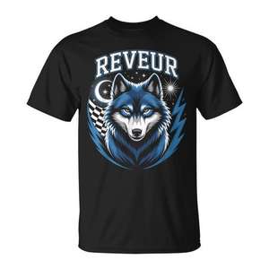 T-shirt Reveur Wolf bleu avec design graphique, chemise promotionnelle unisexe - Product Image 1