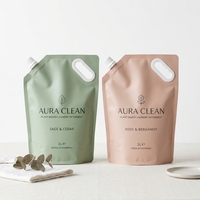 Pochettes personnalisées imprimées de 500 ml, 1 L, 2,5 L pour lessive avec poignée en plastique – Sachets d'emballage de détergent liquide à fond plat