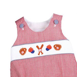 Ropa Infantil ODM, Mono Rojo a Cuadros, Diseño de Béisbol, 100% Algodón, Certificado OEKO-TEX, Manga Corta, con Botones, para Bebé - Product Image 1