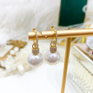 Boucles d'oreilles en argent S925 DIY avec perles, accessoire de mode pour femmes, boucle d'oreille avec perles rondes de 9 à 12 mm, 21772, boucles d'oreilles en cristal - Product Image 5