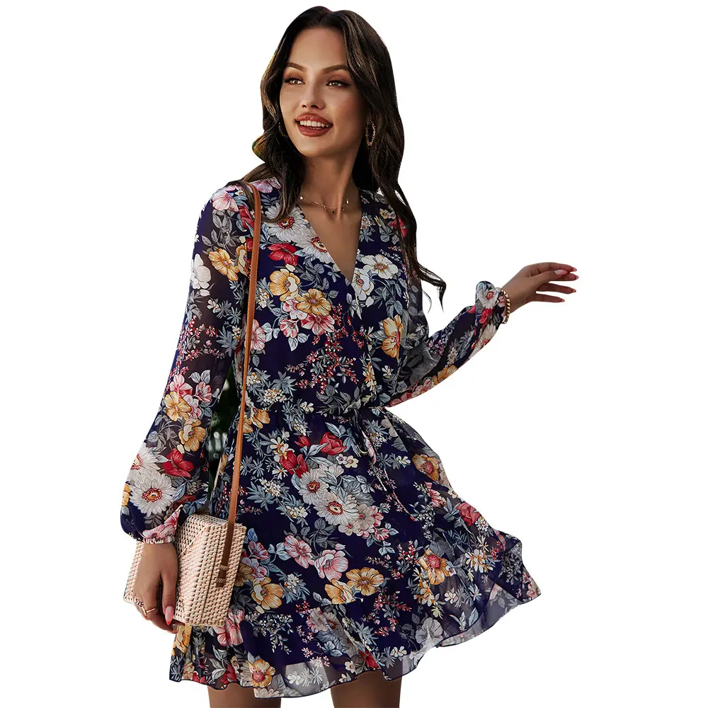 Boho Stijl Dameskleding Elegante Casual Gebloemde Met V-Hals En Lange Mouw Jurk A-Lijn Taille Afslankende Mini-Jurk