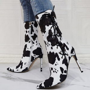 Bottines courtes pour femmes Milk Lines, talon fin et haut, mi-mollet, sexy, bout pointu, fermeture éclair latérale, à lacets, style escarpins - Product Image 2