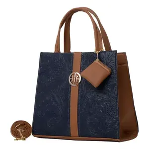 Bolso tote azul con estampado floral en relieve para mujer Fana Alola M3724 con bolsillo con cremallera y logotipo frontal - Product Image 1