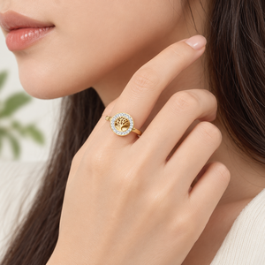 <b>Tree</b> Halo Ring Stainless Steel 14K Gold Vacuum Plated Zircon circular <b>tree</b> cutout with clear zircon halo and <b>slim</b> bandTree Halo - Product Image 5