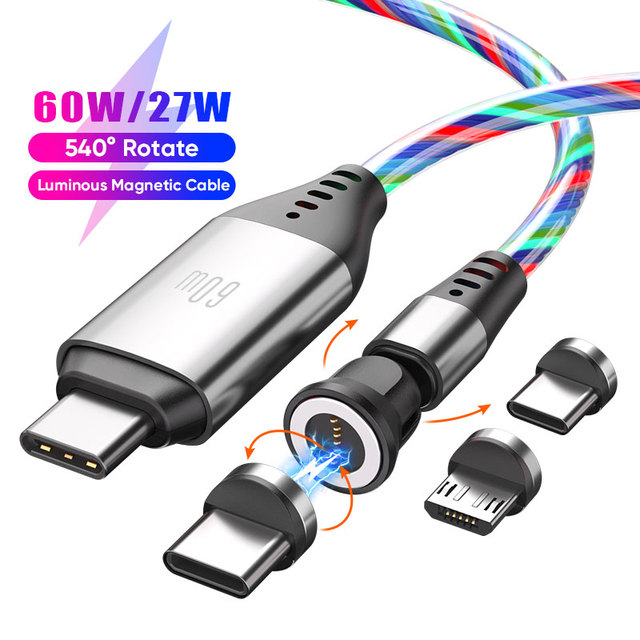 3 in 1 TYPE-C Magnetic Charging Data Cable | 540 Rotation PD 60W LED Luminous Shining Light Cable for iPhone 15 Samsung Android