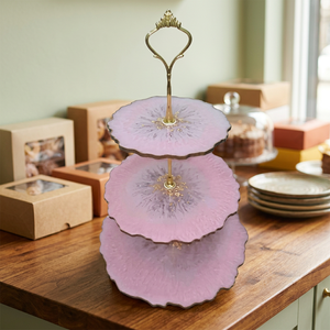 Handmade 3 Piece Pink <b>Gold</b> Round <b>Cake</b> Stand Oven Safe Unique Decorative Dessert Display for Events Festive Decor India - Product Image 1
