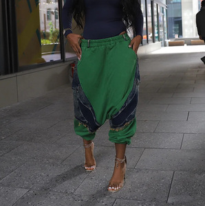 Nouveau pantalon en jean ample pour femme avec ceinture élastique et patchwork, tendance - Product Image 6