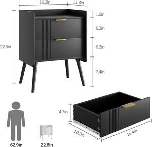Mesita de noche Negra moderna con 2 cajones de almacenamiento Mesa auxiliar de madera para dormitorio Sofá Espacios pequeños - Product Image 2