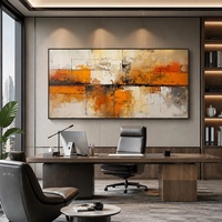 Peinture à l'huile paysagère Art déco urbaine texturée orange et grise, faite à la main, sur toile encadrée, horizontale large, noire/dorée, art mural moderne