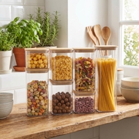 Wishome Ensemble de 7 bocaux en verre hermétiques avec couvercles en bambou, bocaux carrés empilables pour spaghetti, céréales, aliments secs