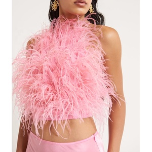 BAOLA Clothing Factory Women Amethyst Colored Air-satin and Adorned with Hand-placed Feathers Light <strong>pink</strong> Satin <strong>Silk</strong> <strong>Tops</strong> - Product Image 1