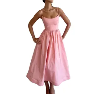 Vintage style Women Solid Color U-Neck Slip Dress Large Swing A Line One Piece Dresses camisole dress