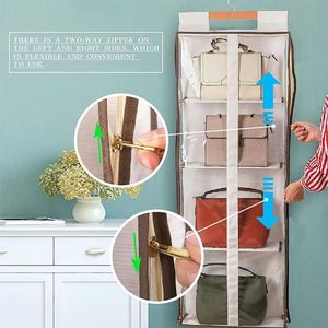 Heavy-Duty 4 <b>Large</b> Clear PVC Pockets Handbag Hanging Organizer, Wooden Hanger Oxford Cloth for Closet & Bedroom Storage Bag - Product Image 5