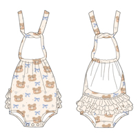 Jumpsuit anak perempuan desain ruffle tanpa lengan, bahan bambu, kualitas tinggi, custom print, model leher terbuka, cocok untuk musim panas.