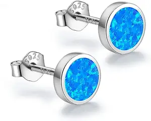 Anting perak 925 dengan kumis terukir, anting kancing, anting kustom kumis stud anting mode blue opal zircon