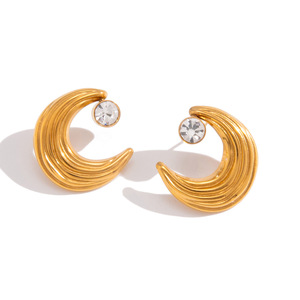 Boucles d'oreilles clous en forme de lune, dorées, serties de strass, pour usage quotidien, en acier inoxydable - Product Image 5