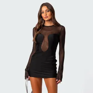 S73255 - hot sale sexy see through bodycon long sleeve mesh solid color short dresses for women