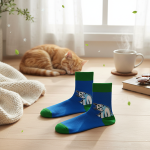 Blue Ankle <b>Socks</b> with White Cat Pattern Breathable Knitted Design Cute Digital Print Logo for Daily Use in Spring and <b>Winter</b> - Product Image 3