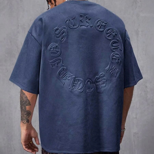 T-shirt à manches courtes pour homme, style streetwear, en daim floqué à double couche, coupe ample, col rond, directement de l'usine, personnalisable. F10 - Product Image 1