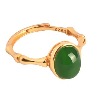 Artificial Hetian Jade Cabochon Gold Plated Bamboo Ring Women Chinese Style Adjustable Index Finger Jewelry Gift - Product Image 5