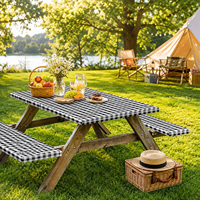 HuiHe Housse de table de pique-nique ajustée à carreaux noirs et blancs avec housses de bancs, nappe de camping extérieure élastique