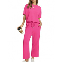 Ensembles deux pièces pour femmes, automne, tissu uni, manches courtes, hauts à col montant, pantalons à jambes larges, tenues de vacances et de voyage