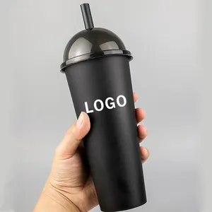 Printing Disposable 16oz 22oz Beverage Bubble Tea Hard Plastic Cup Black PP Plastic Cups With Lids And Straws